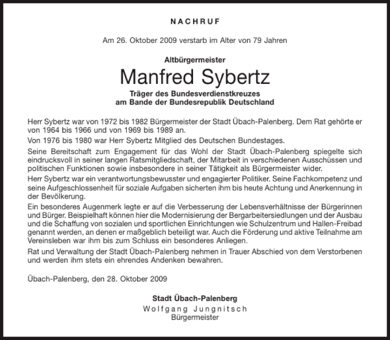  Traueranzeige für Manfred Sybertz vom 29.10.2009 aus Aachener Zeitung / Aachener Nachrichten