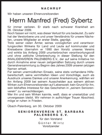 Traueranzeige von Manfred Fred Sybertz von Aachener Zeitung / Aachener Nachrichten