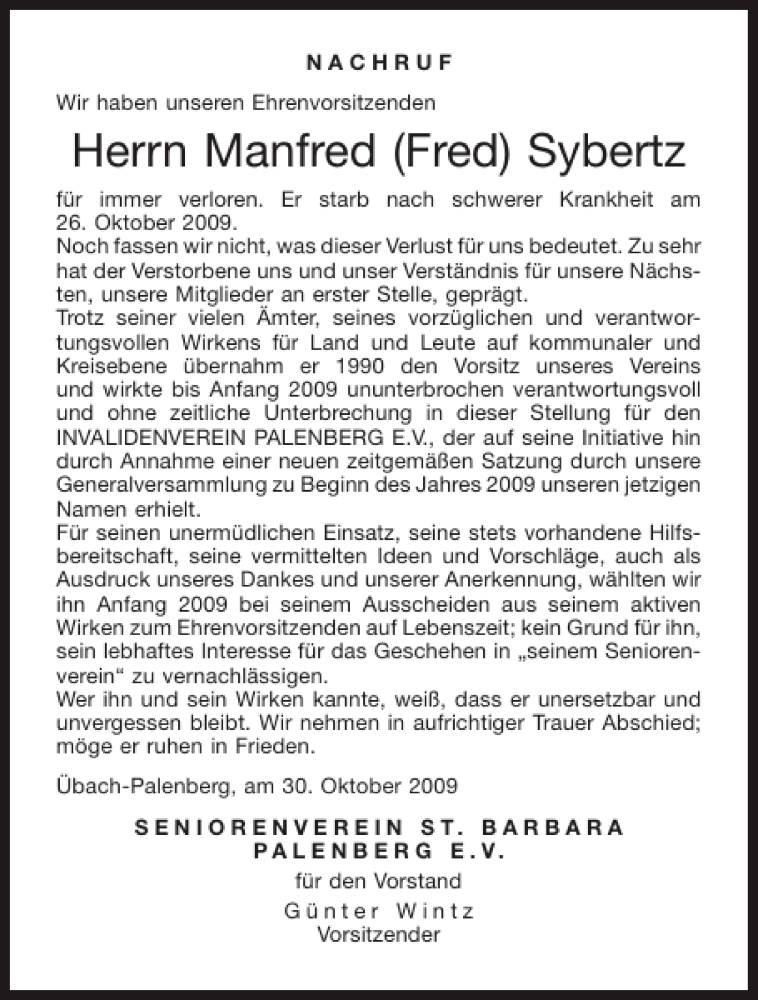  Traueranzeige für Manfred Fred Sybertz vom 30.10.2009 aus Aachener Zeitung / Aachener Nachrichten