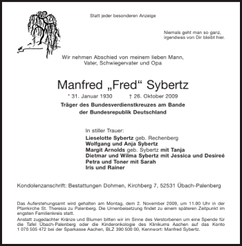 Traueranzeige von Manfred Fred Sybertz von Aachener Zeitung / Aachener Nachrichten