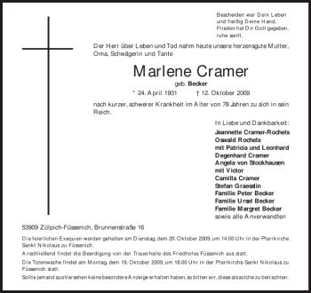 Traueranzeige von Marlene Cramer von Aachener Zeitung / Aachener Nachrichten
