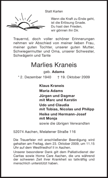 Traueranzeige von Marlies Kraneis von Aachener Zeitung / Aachener Nachrichten