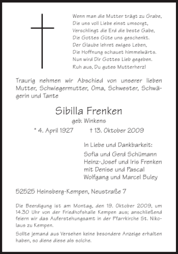 Traueranzeige von Sibilla Frenken von Aachener Zeitung / Aachener Nachrichten