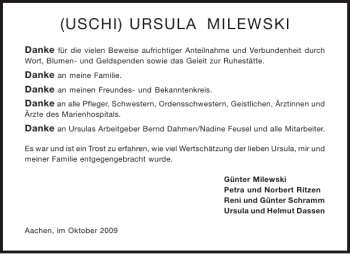 Traueranzeige von USCHI URSULA MILEWSKI von Aachener Zeitung / Aachener Nachrichten