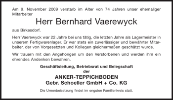 Traueranzeige von Bernhard Vaerewyck von Aachener Zeitung / Aachener Nachrichten