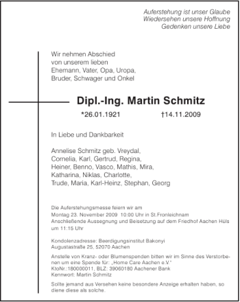 Traueranzeige von Dipl.-Ing. Martin Schmitz von Aachener Zeitung / Aachener Nachrichten