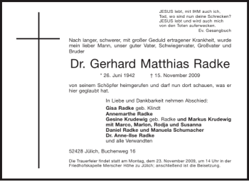Traueranzeige von Dr. Gerhard Matthias Radke von Aachener Zeitung / Aachener Nachrichten