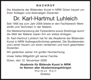Traueranzeige von Dr. Karl-Hartmut Luhleich von Aachener Zeitung / Aachener Nachrichten