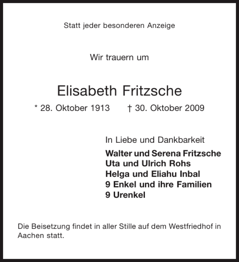  Traueranzeige für Elisabeth Fritzsche vom 04.11.2009 aus Aachener Zeitung / Aachener Nachrichten