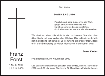 Traueranzeige von Franz Forst von Aachener Zeitung / Aachener Nachrichten