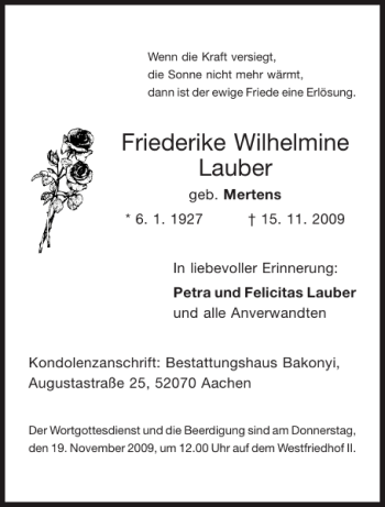 Traueranzeige von Friederike Wilhelmine Lauber von Aachener Zeitung / Aachener Nachrichten