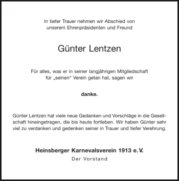 Traueranzeige von Günter Lentzen von Aachener Zeitung / Aachener Nachrichten