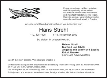 Traueranzeige von Hans Strehl von Aachener Zeitung / Aachener Nachrichten