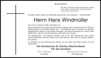 Traueranzeige von Hans Windmüller von Aachener Zeitung / Aachener Nachrichten