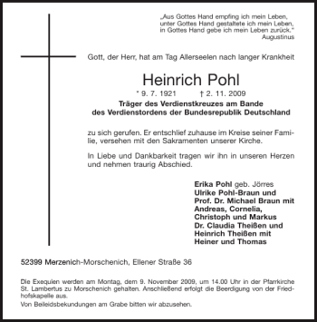Traueranzeige von Heinrich Pohl von Aachener Zeitung / Aachener Nachrichten
