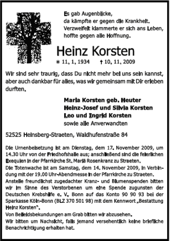 Traueranzeige von Heinz Korsten von Aachener Zeitung / Aachener Nachrichten