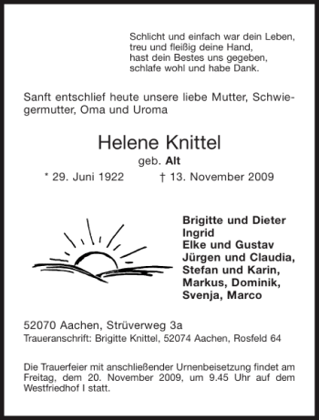Traueranzeige von Helene Knittel von Aachener Zeitung / Aachener Nachrichten
