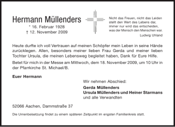 Traueranzeige von Hermann Müllenders von Aachener Zeitung / Aachener Nachrichten