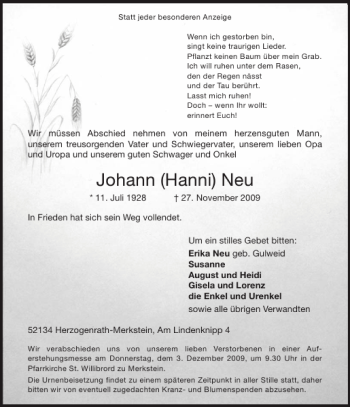 Traueranzeige von Johann Hanni Neu von Aachener Zeitung / Aachener Nachrichten