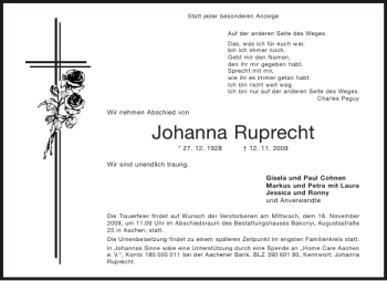 Traueranzeige von Johanna Ruprecht von Aachener Zeitung / Aachener Nachrichten