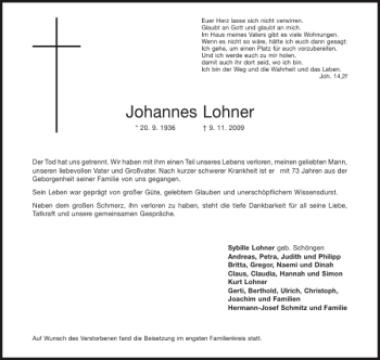 Traueranzeige von Johannes Lohner von Aachener Zeitung / Aachener Nachrichten