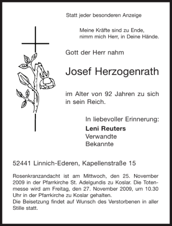 Traueranzeige von Josef Herzogenrath von Aachener Zeitung / Aachener Nachrichten