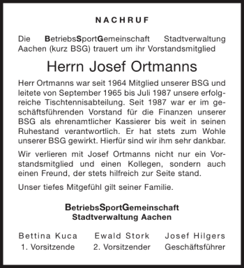 Traueranzeige von Josef Ortmanns von Aachener Zeitung / Aachener Nachrichten