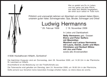 Traueranzeige von Ludwig Hermanns von Aachener Zeitung / Aachener Nachrichten