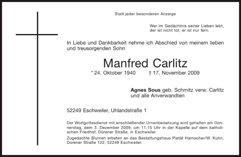  Traueranzeige für Manfred Carlitz vom 30.11.2009 aus Aachener Zeitung / Aachener Nachrichten