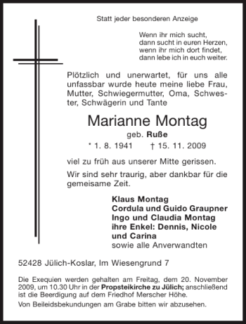 Traueranzeige von Marianne Montag von Aachener Zeitung / Aachener Nachrichten
