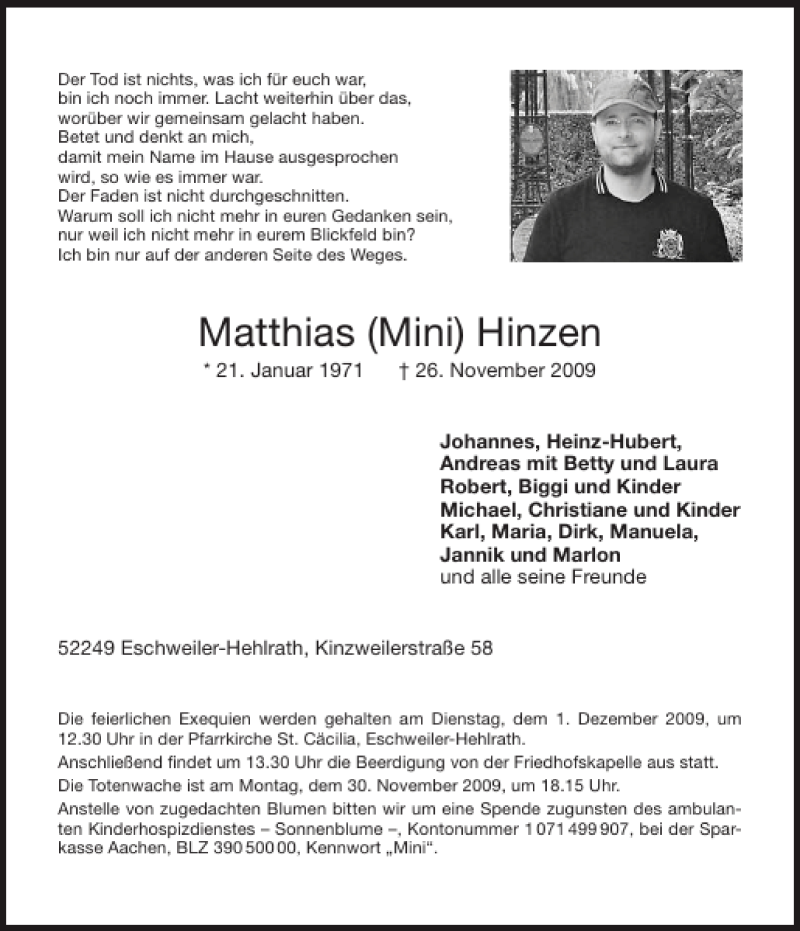  Traueranzeige für Matthias Mini Hinzen vom 28.11.2009 aus Aachener Zeitung / Aachener Nachrichten