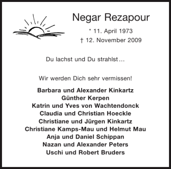 Traueranzeige von Negar Rezapour von Aachener Zeitung / Aachener Nachrichten
