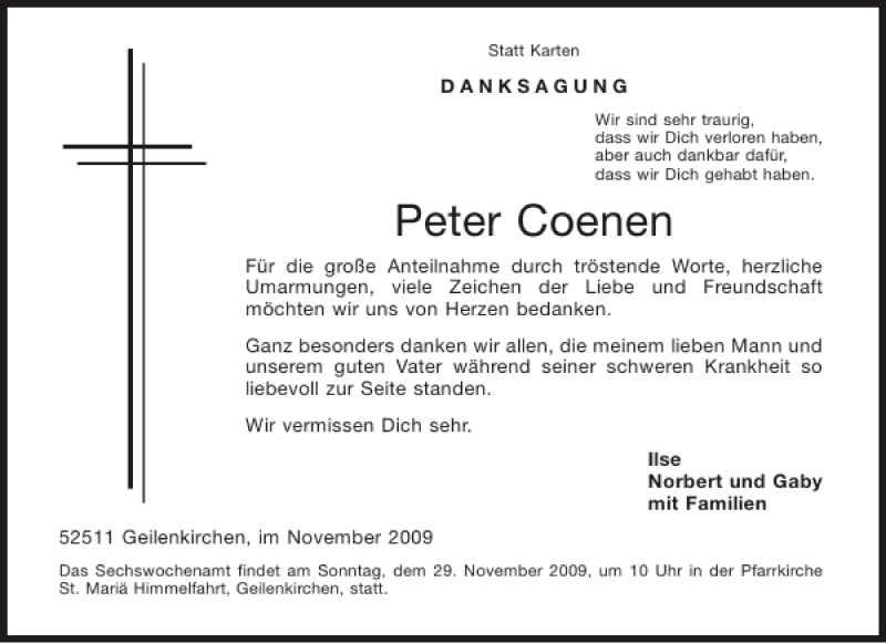  Traueranzeige für Peter Coenen vom 21.11.2009 aus Aachener Zeitung / Aachener Nachrichten