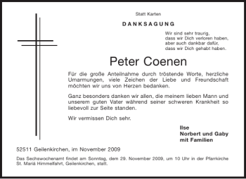 Traueranzeige von Peter Coenen von Aachener Zeitung / Aachener Nachrichten