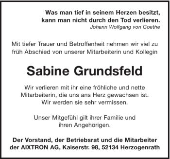 Traueranzeige von Sabine Grundsfeld von Aachener Zeitung / Aachener Nachrichten