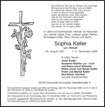 Traueranzeige von Sophia Keller von Aachener Zeitung / Aachener Nachrichten