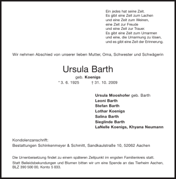 Traueranzeige von Ursula Barth von Aachener Zeitung / Aachener Nachrichten