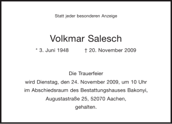 Traueranzeige von Volkmar Salesch von Aachener Zeitung / Aachener Nachrichten