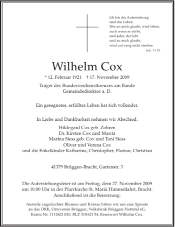 Traueranzeige von Wilhelm Cox von Aachener Zeitung / Aachener Nachrichten