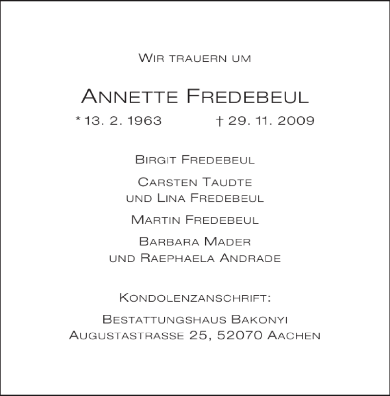  Traueranzeige für ANNETTE FREDEBEUL vom 03.12.2009 aus Aachener Zeitung / Aachener Nachrichten