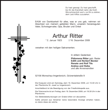 Traueranzeige von Arthur Ritter von Aachener Zeitung / Aachener Nachrichten