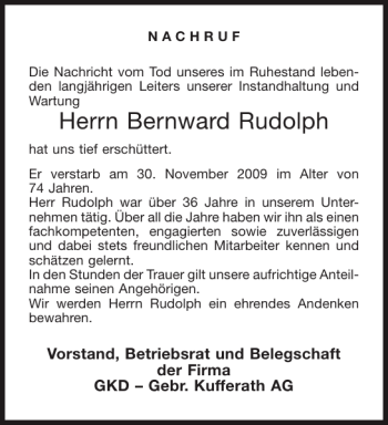 Traueranzeige von Bernward Rudolph von Aachener Zeitung / Aachener Nachrichten