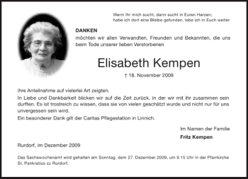 Traueranzeige von Elisabeth Kempen von Aachener Zeitung / Aachener Nachrichten