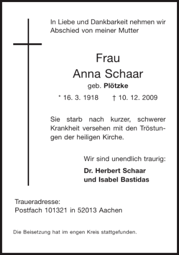 Traueranzeige von Frau Anna Schaar von Aachener Zeitung / Aachener Nachrichten