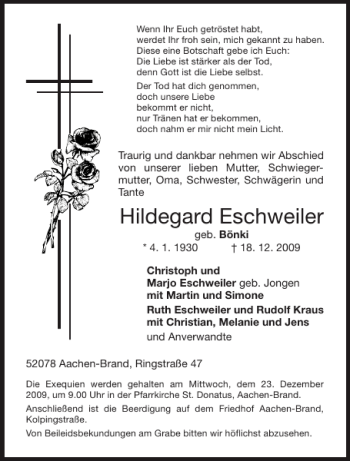Traueranzeige von Hildegard Eschweiler von Aachener Zeitung / Aachener Nachrichten