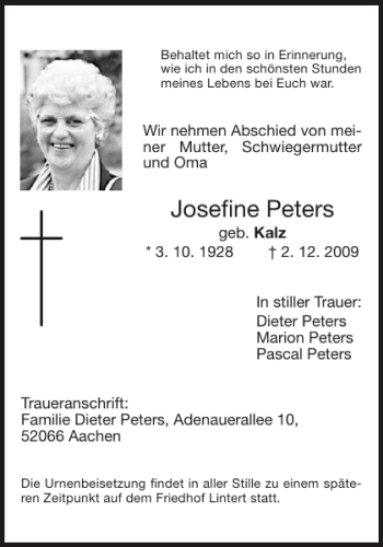 Traueranzeige von Josefine Peters von Aachener Zeitung / Aachener Nachrichten