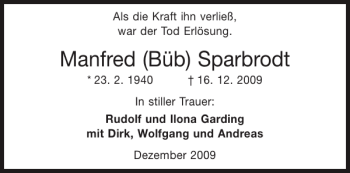 Traueranzeige von Manfred Büb Sparbrodt von Aachener Zeitung / Aachener Nachrichten