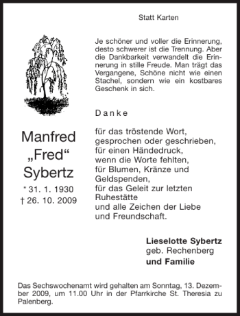 Traueranzeige von Manfred Fred Sybertz von Aachener Zeitung / Aachener Nachrichten