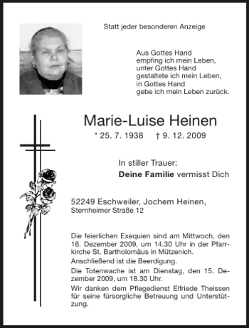 Traueranzeige von Marie-Luise Heinen von Aachener Zeitung / Aachener Nachrichten
