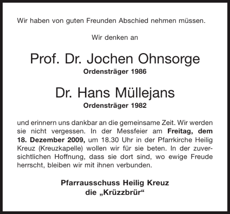  Traueranzeige für Prof. Dr. Jochen Ohnsorge Dr. Hans Müllejans  vom 12.12.2009 aus Aachener Zeitung / Aachener Nachrichten